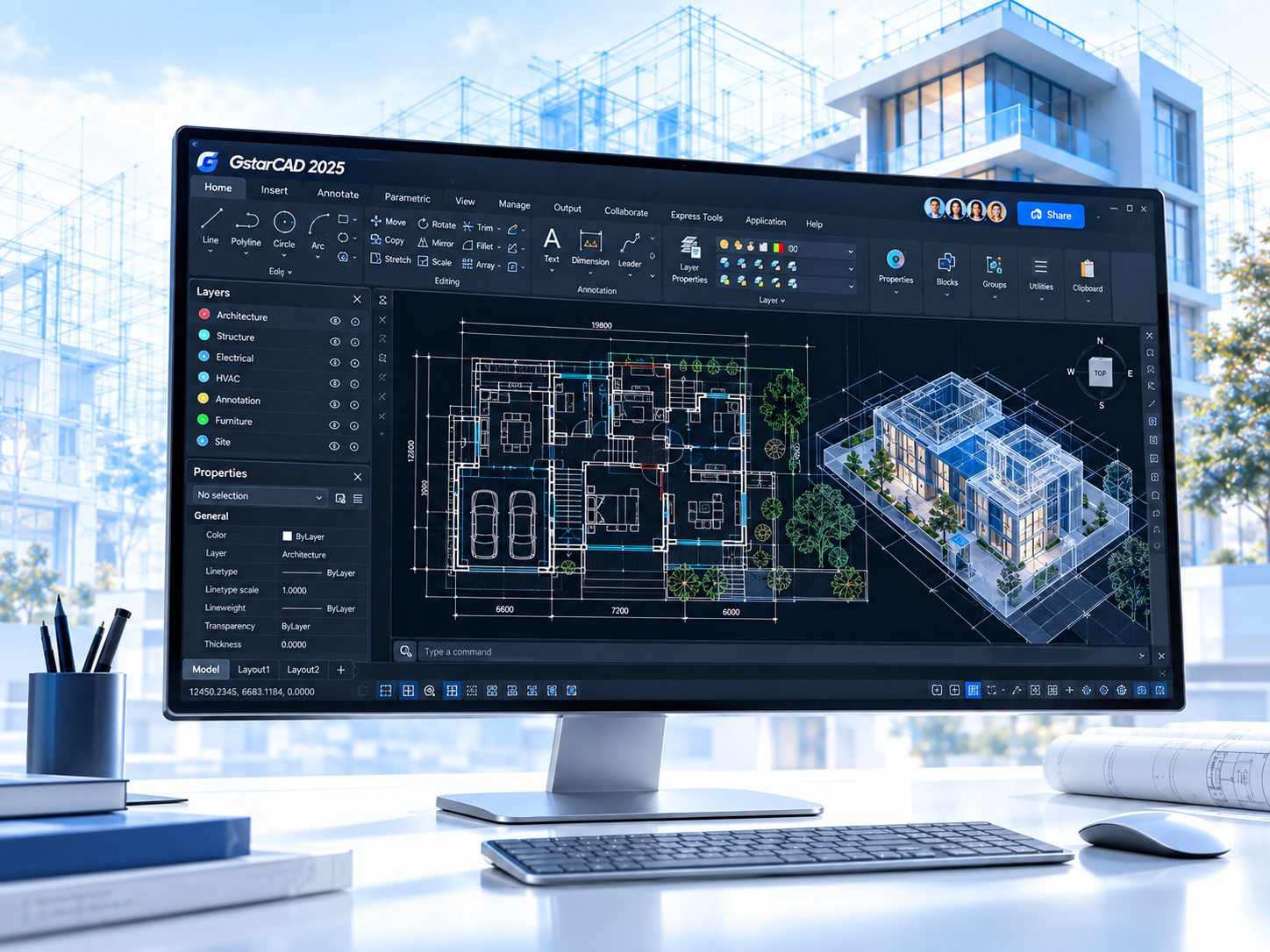 GstarCAD de escritorio con planos y modelo 3D