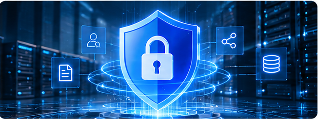 Escudo de seguridad sobre servidores con íconos de permisos, datos y uso compartido